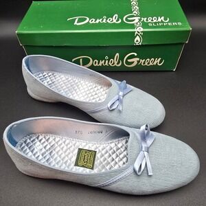 Vintage Daniel Green Comfy Slippers Womens 8 Blue Corduroy Satin Bow B75 169044